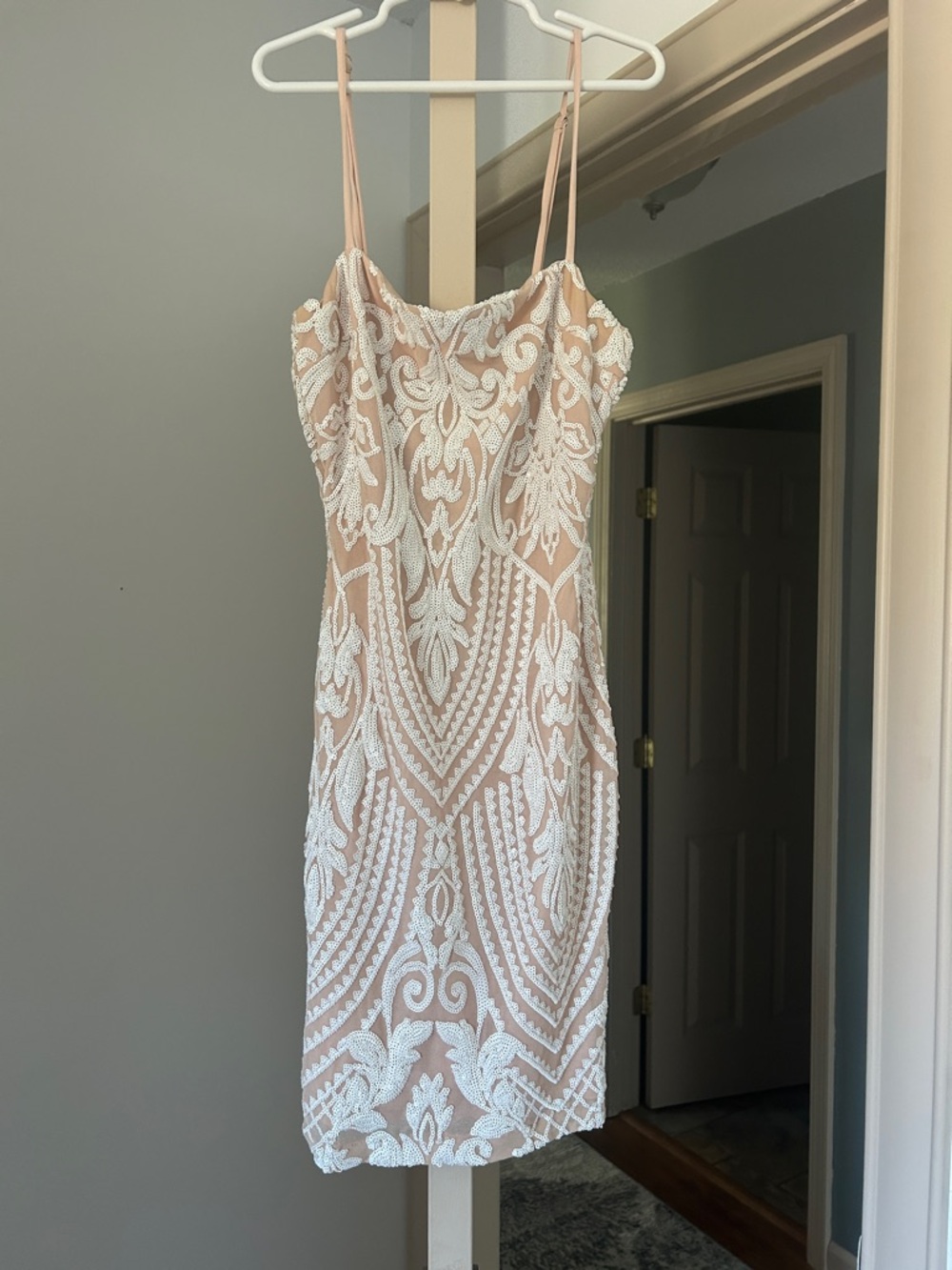 Windsor Blush Nude Mini Dress with White Lace Overlay